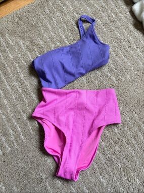 NWT AERIE Asymmetrical One Piece Crinkle Monokini Cut Out Swimsuit Pink Purple S
